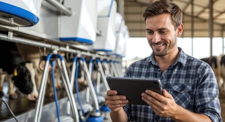 Farmer holding tablet milking parlor dairy barn facility smiling. Male agricultural worker using technology livestock production. Digital farming concept
