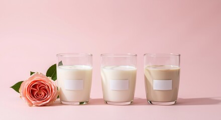 Three milk glasses pink background roses dairy products nutrition. Fresh white beverage healthy drink calcium protein. Romantic concept