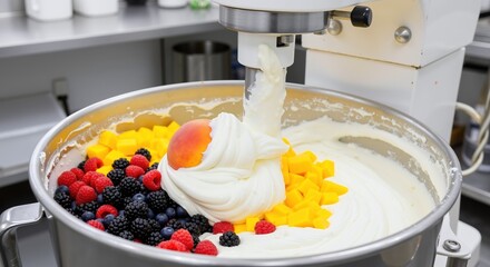Industrial mixer whipping cream berries fruit bowl kitchen equipment. Stainless steel machine preparing dessert food production. Culinary manufacturing concept