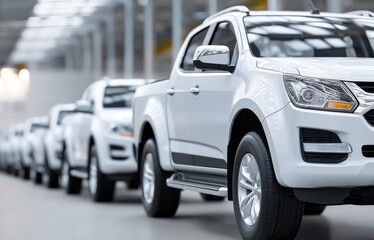 New white pickup trucks in a row in a factory, ready to be delivered, shiny and new cars on assembly line.