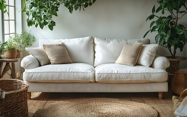 Cozy White Sofa with Textured Pillows and Lush Greenery in Brigh