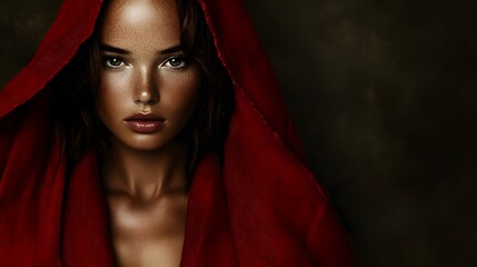 Mysterious Woman in Red Hooded Cloak Portrait