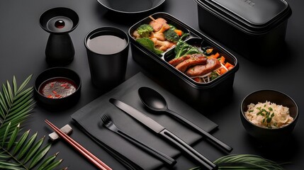 Elegant Japanese Bento Box Presentation with Black Tableware, Rice Bowl, Tea, and Leafy Green Accent in a Minimalist Aesthetic