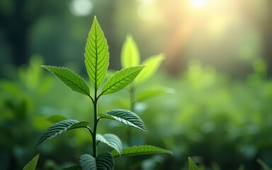 Plants background with biochemistry structure,Smart virtual screen interface on blurred gentle nature background. Sustainable energy. High quality