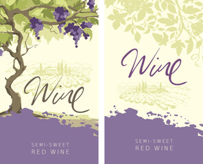 Label for red wine. Set of vector illustration, design with vine and landscape in the background. Freehand author's drawing.