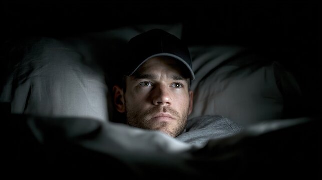 Man lies awake in bed at night, staring into the darkness, wearing a cap.