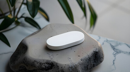 White device on stone with foliage