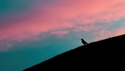 Silhouette of a Bird Perched on a Hill at Dusk, Evoking Tranquility and Environmental Awareness, Ideal for Nature Conservation Campaigns and Serene Lifestyle Content : Generative AI