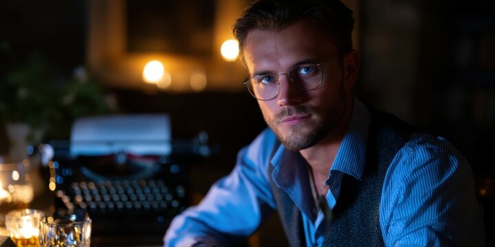 Young man in glasses writing at a vintage typewriter in a dimly lit room with candles and a cozy atmosphere during the evening