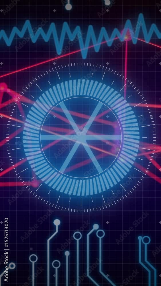 Poster digital circuit board and data network animation over blue and red lines