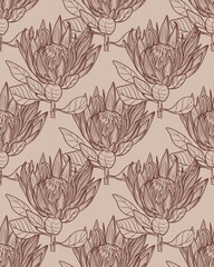 Seamless pattern a protea flower. Hand drawn linear illustration in brown ink on a beige background. Perfect for floral prints, packaging, fabric, wallpaper