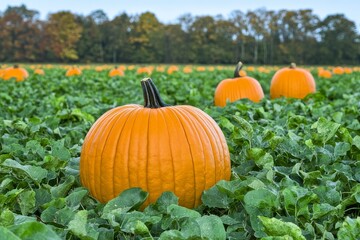 Ripe orange pumpkins nestled amongst lush green foliage in a vast autumnal field.