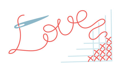 A cross-stitched line with a needle and thread labeled love. A flat, colored illustration of the cross-stitching process. Love for cross-stitching, the process of work. a line of crosses