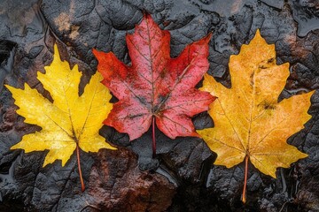 Three vibrant maple leaves in autumn colors resting on a wet surface.