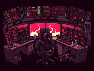 A woman sits in a futuristic workstation filled with glowing screens.