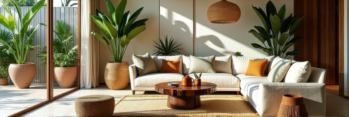 Modern sunlit living room with white sofa and indoor plants