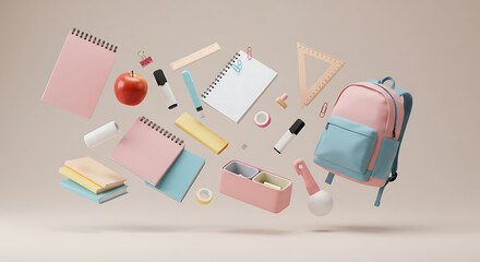 Back to School Colorful Backpack and Stationery Supplies Levitating