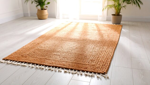Light terracotta rug on light wood floor, sunbeams
