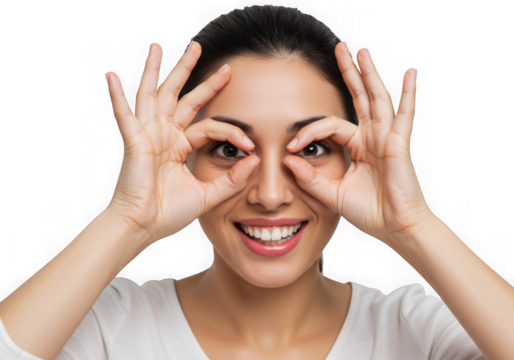 Woman making circles around her eyes with her hands smiling on transparent background