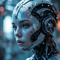 Robot head made of metal and machinery parts with gears and chrome details