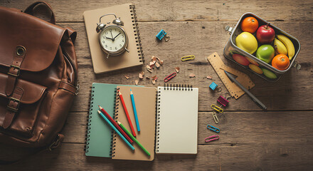 Back to School Essentials Flat Lay with Backpack, Notepad, Alarm Clock, and Fruit Lunchbox on Wooden Surface