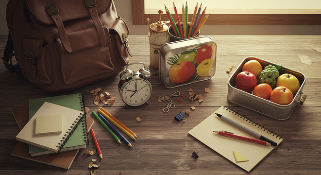Study Essentials Arrangement Backpack, Books, and Stationery on a Wooden Surface