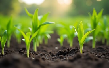 Corn seedlings in field, fresh green maize sprouts on agricultural plantation. High quality