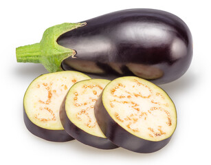 Eggplant and eggplant slices isolated on white background. File contains clipping path.