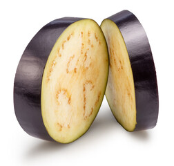 Two aubergine or eggplant cross slices isolated on white background. File contains clipping path.