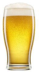 Glass of chilled light beer with beer foam and gas bubbles rising inside, isolated on white background. Clipping path.
