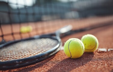 Tennis Balls and Racket on Clay Court, Representing Sport, Recreation, and Healthy Lifestyle Choices, Perfect for Fitness and Wellness Campaigns : Generative AI