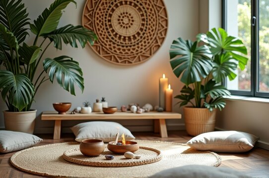 Serene meditation space with candles and natural decor for relaxation and mindfulness
