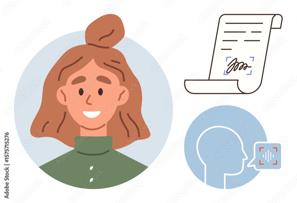Poster smiling person portrait, signed document icon, and voice scan for verification. ideal for authentica