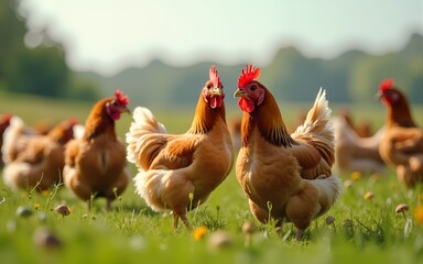 Fototapeta premium Chickens In A Field. High quality