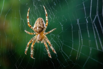 European Garden Spider Hanging in Web Against Green Foliage, Representing Pest Control and Natural Balance : Generative AI