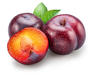 Ripe chinese plums with green leaf isolated on white background. File contains clipping paths.