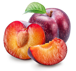 Ripe chinese plum with green leaf and plum slices isolated on white background. File contains...