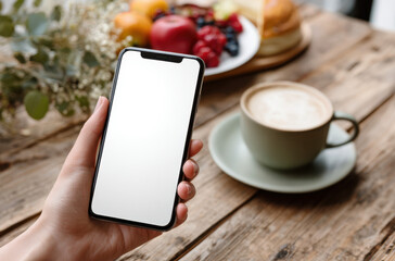 A mockup smartphone with a blank white screen and a woman's hand holding it. Advertising of mobile application
