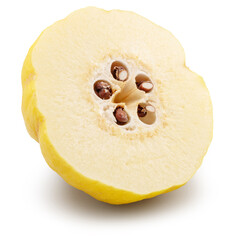 Cross section of quince fruit with brown seeds isolated on white background. File contains clipping path.