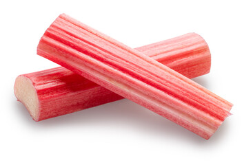 Cuts of red rhubarb stem on white background. File contains clipping path.