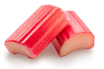 Cuts of red rhubarb stem on white background. File contains clipping path.