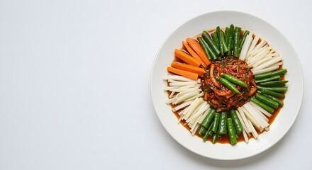 Korean Kimchi with Colorful Vegetable Arrangement on White Plate