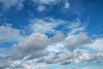Sky panorama filled with a variety of clouds, from fluffy cumulus to wispy cirrus, stretches across...