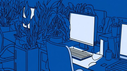 Office space with computers and plants.