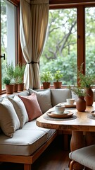 Fototapeta premium Cozy indoor dining area with wooden table, cushions, and potted plants in natural light