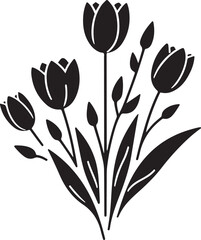 Tulip flower Bouquet vector black color silhouette vector, isolated white background. 