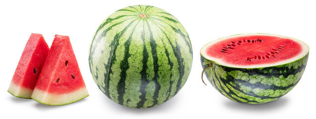 Set of watermelons and watermelon slices isolated on white background. Clipping paths.