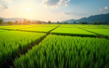 Fototapeta premium Asian summer farm village, rice paddies and rice seedlings in the sunlight. High quality