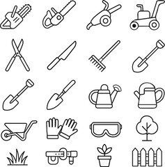 Set of garden tools icon, editable vector illustration monochrome line art style