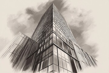 Intricate Sketch Captures Modern Skyscraper Reaching Into the Cloudy Sky Generative AI